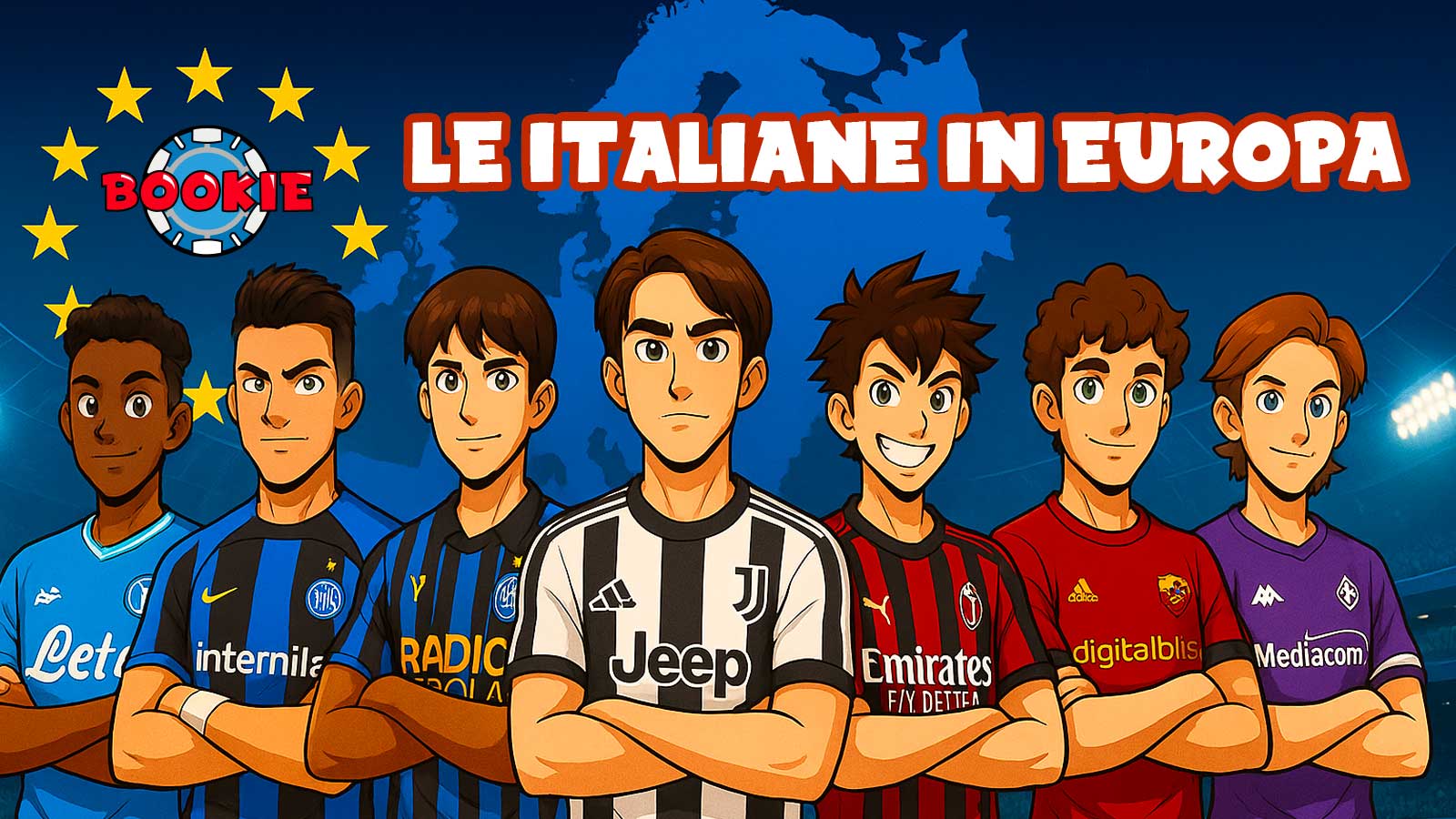 Illustrazione in stile cartoon delle squadre italiane impegnate nelle coppe europee 2025/2026, con i colori e simboli dei principali club sullo sfondo di uno stadio illuminato.