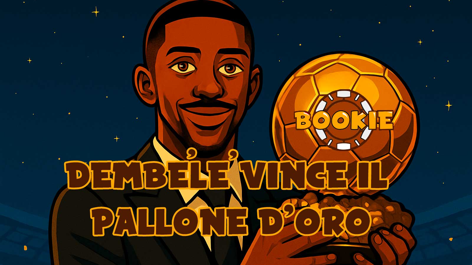 Ousmane Dembélé in versione cartoon con il Pallone d’Oro tra le mani, in posa fiera davanti a un’atmosfera calcistica iconica.
