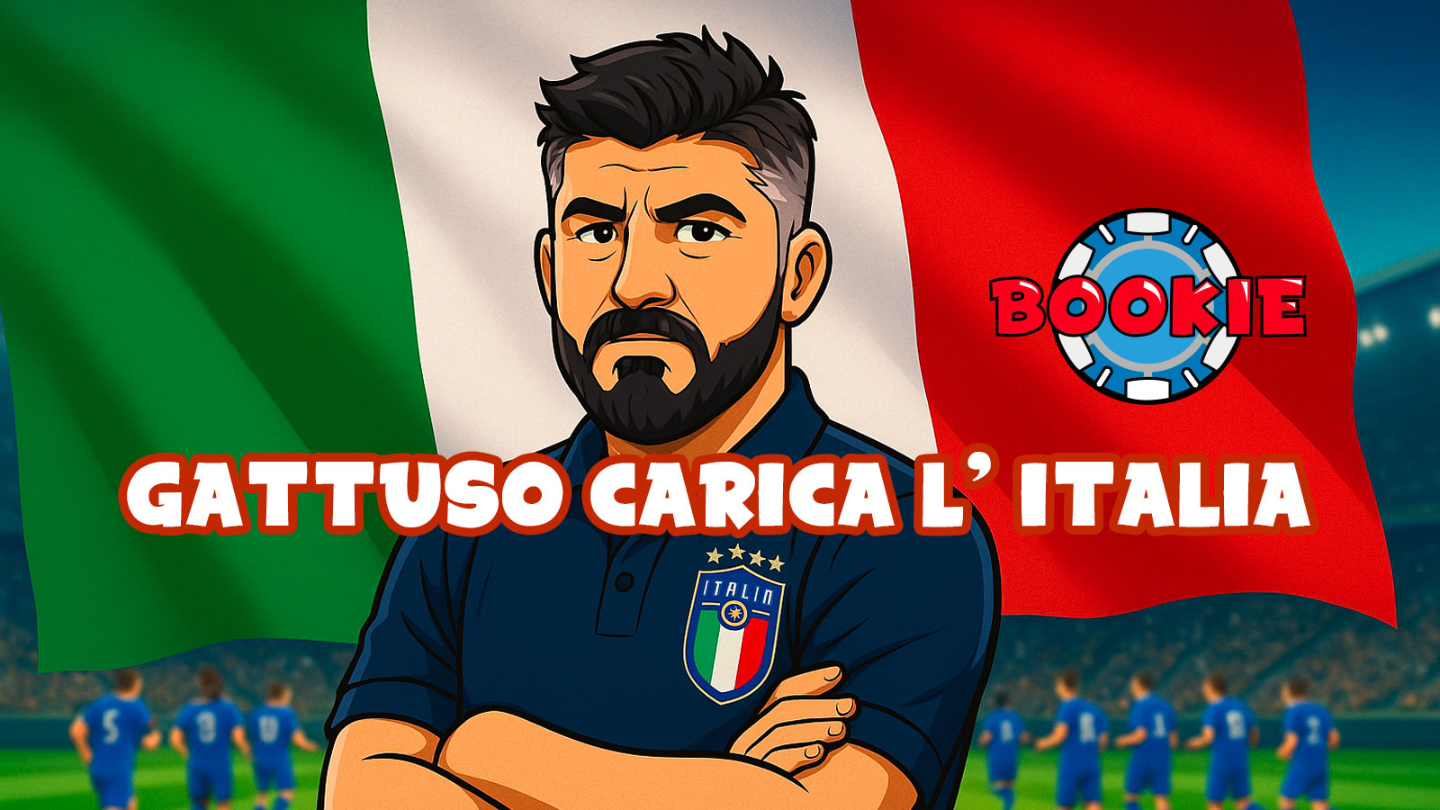 “Illustrazione in stile cartoon di Gennaro Gattuso con la bandiera italiana sullo sfondo e un campo da calcio sfumato con i giocatori della Nazionale.”