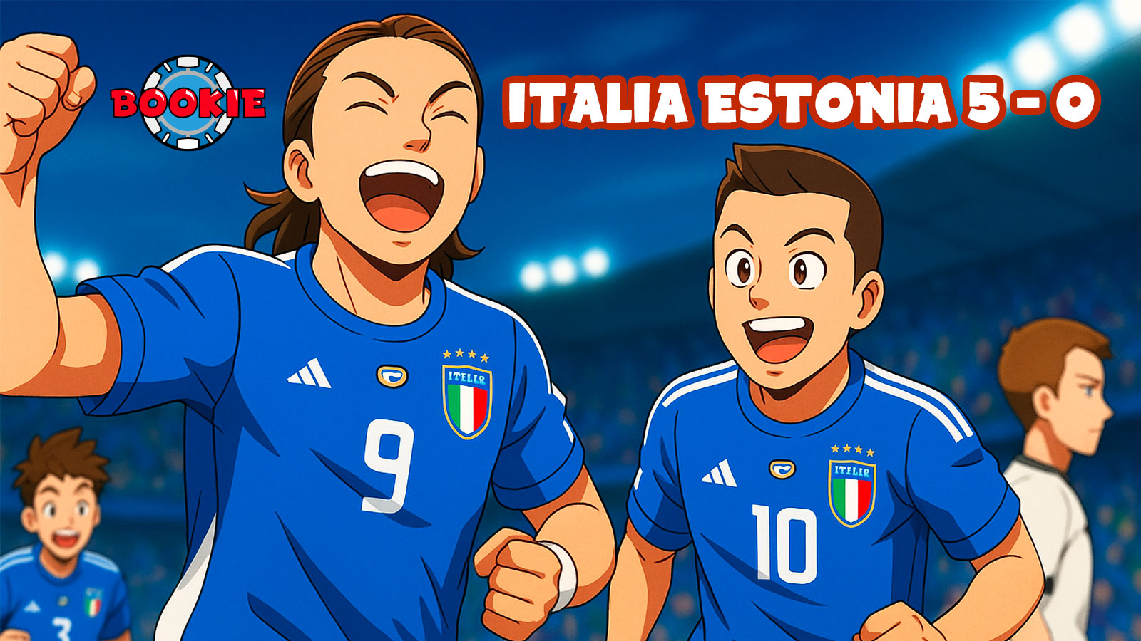 Due calciatori dell’Italia esultano in campo in uno stadio gremito, in un’illustrazione in stile cartoon anime con colori vivaci e sfondo notturno.