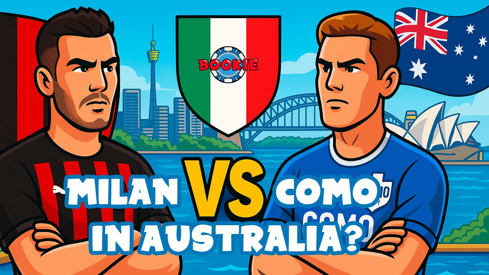 Illustrazione in stile cartoon di una partita tra Milan e Como ambientata in Australia, con lo skyline di Sydney e l’oceano sullo sfondo.