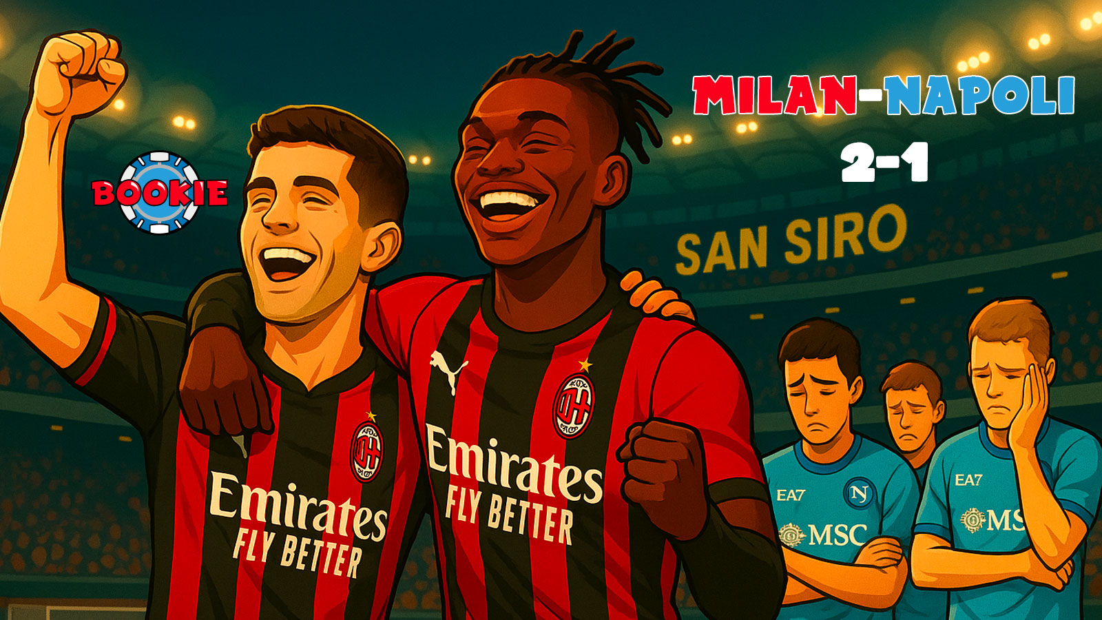Immagine cartoon di Pulisic e Leão che festeggiano la vittoria del Milan a San Siro, con alle spalle i giocatori del Napoli tristi e delusi, tra cui De Bruyne e McTominay.