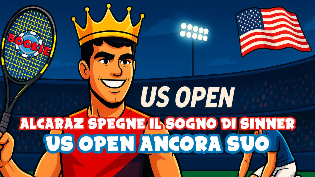 Illustrazione in stile cartoon di Carlos Alcaraz con racchetta e corona da vincitore sul campo dell’US Open, mentre Jannik Sinner appare piegato a terra sullo sfondo. In cielo si intravede la bandiera americana.