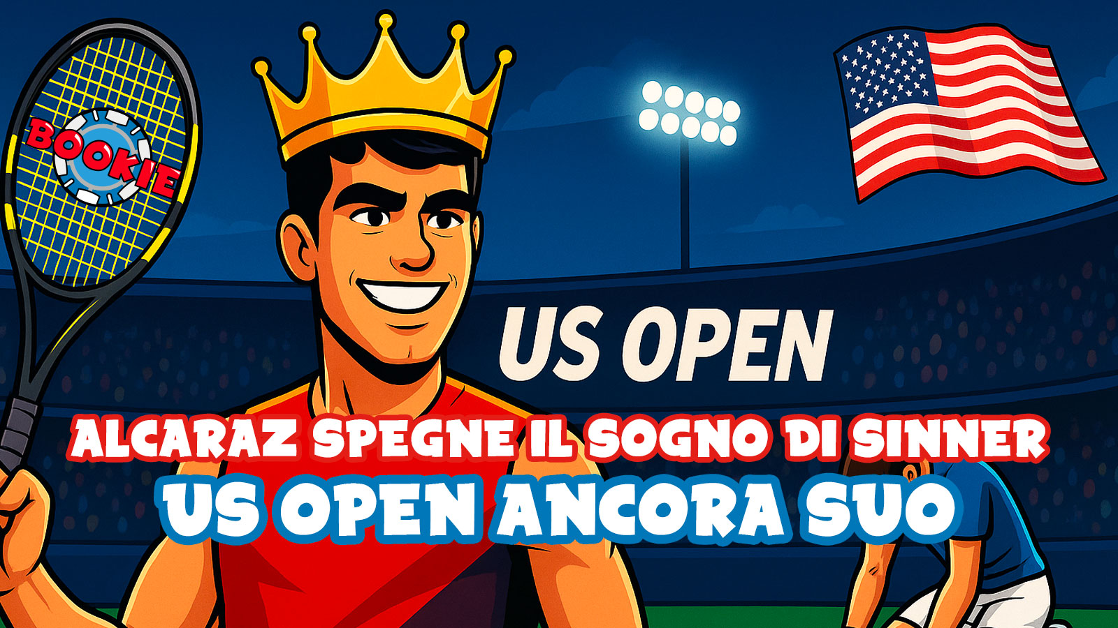 Illustrazione in stile cartoon di Carlos Alcaraz con racchetta e corona da vincitore sul campo dell’US Open, mentre Jannik Sinner appare piegato a terra sullo sfondo. In cielo si intravede la bandiera americana.
