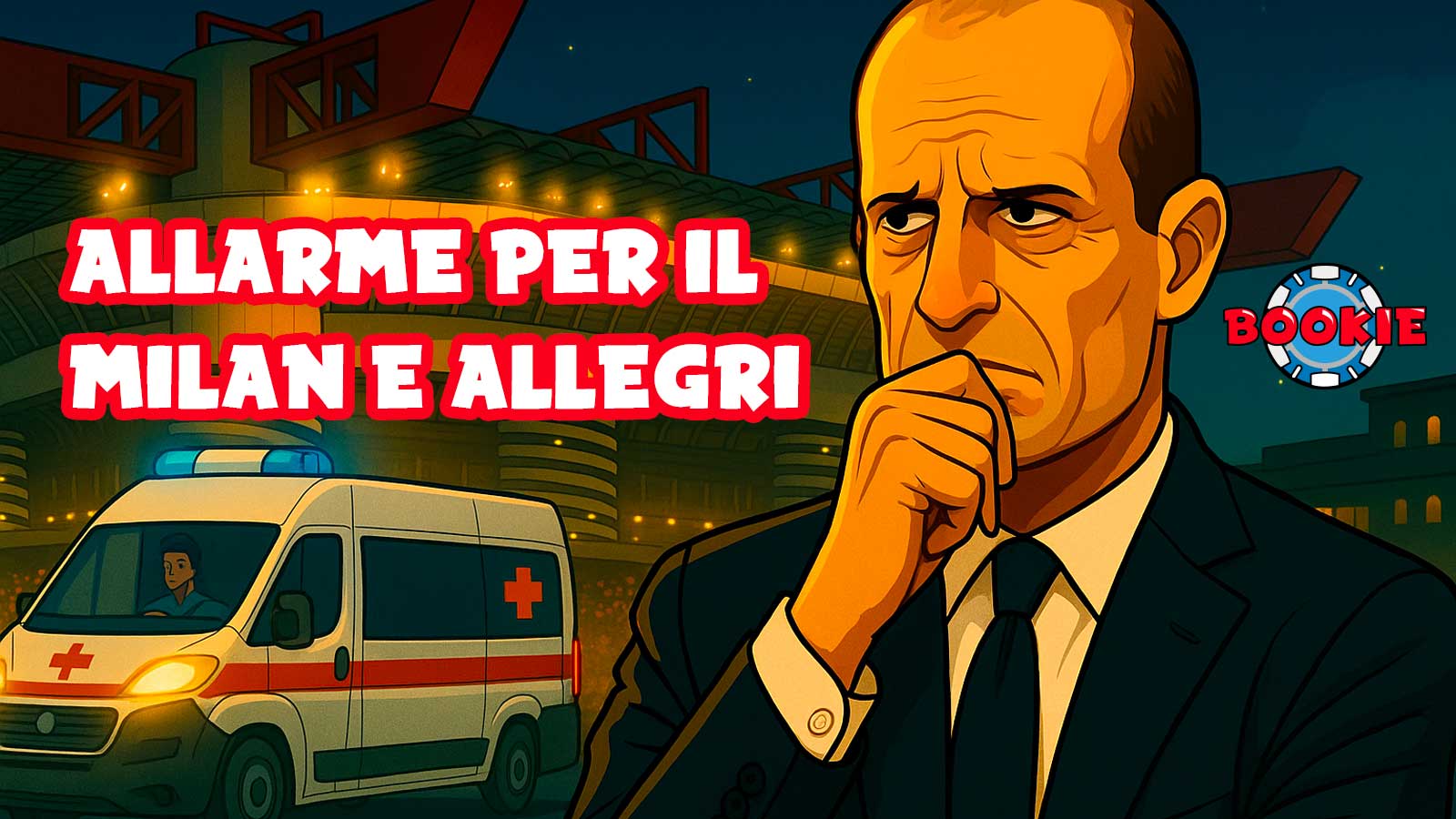 Illustrazione cartoon di Massimiliano Allegri pensieroso davanti a San Siro, con un’ambulanza che si allontana sullo sfondo.