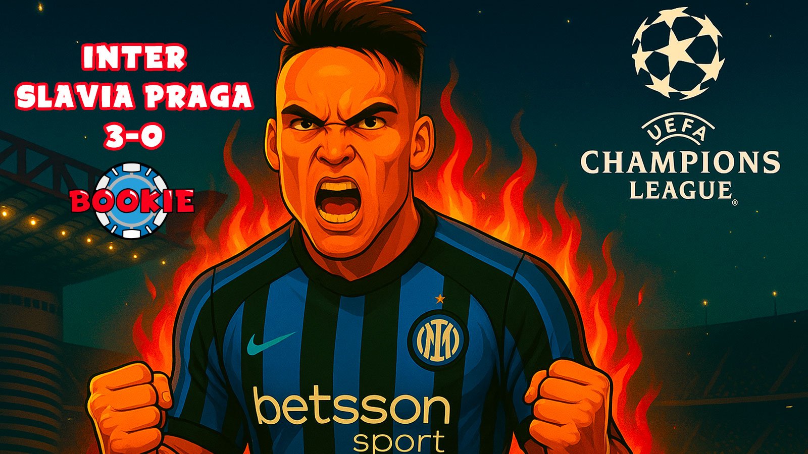 Lautaro Martínez in stile cartoon realistico, con lo stadio di San Siro sullo sfondo notturno e il logo della Champions League accanto.