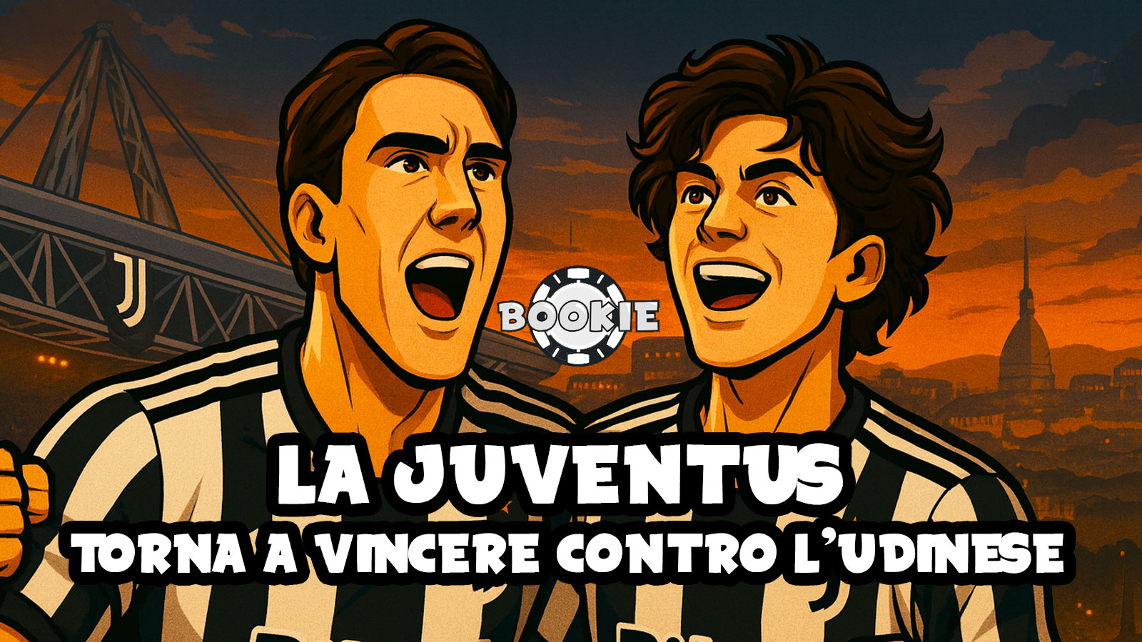 La Juventus torna a vincere con Dusan Vlahovic e Kenan Yildiz che esultano al Juventus Stadium. sullo sfondo lo stadio illuminato e la città di Torino al tramonto.
