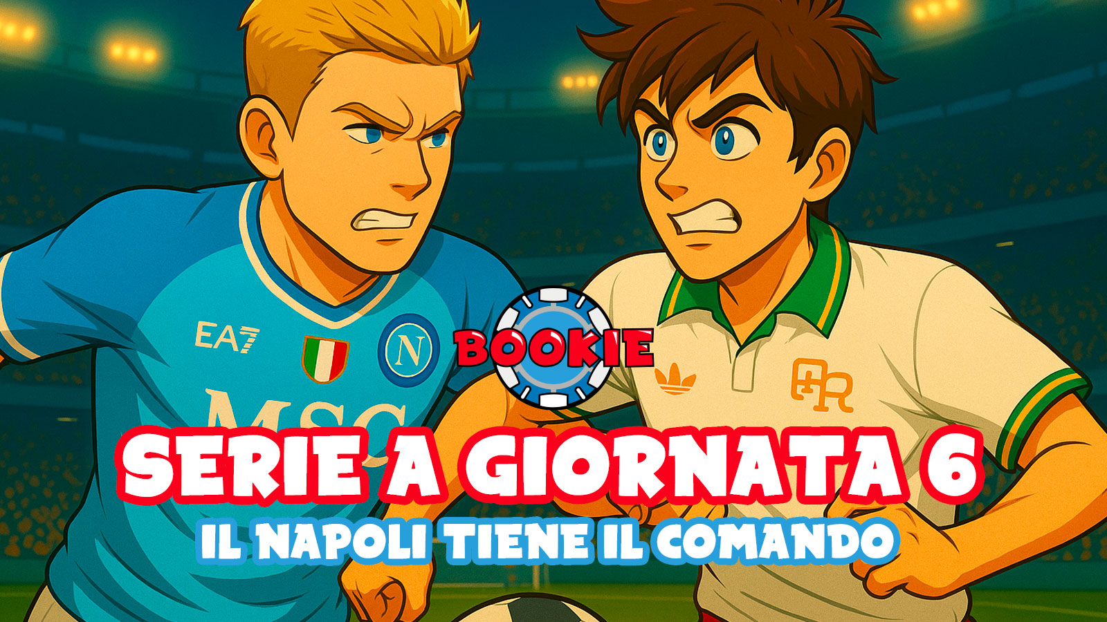 Illustrazione digitale in stile cartoon con Kevin De Bruyne e Matías Soulé che si fronteggiano in campo, indossando le nuove maglie 2025/2026 di Napoli e Roma, all’interno di uno stadio illuminato.